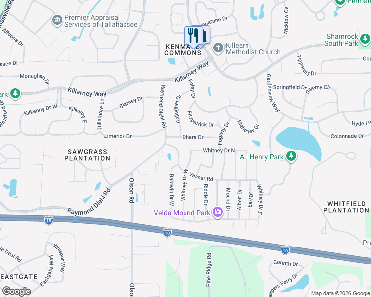 map of restaurants, bars, coffee shops, grocery stores, and more near 3404 Whitney Court in Tallahassee