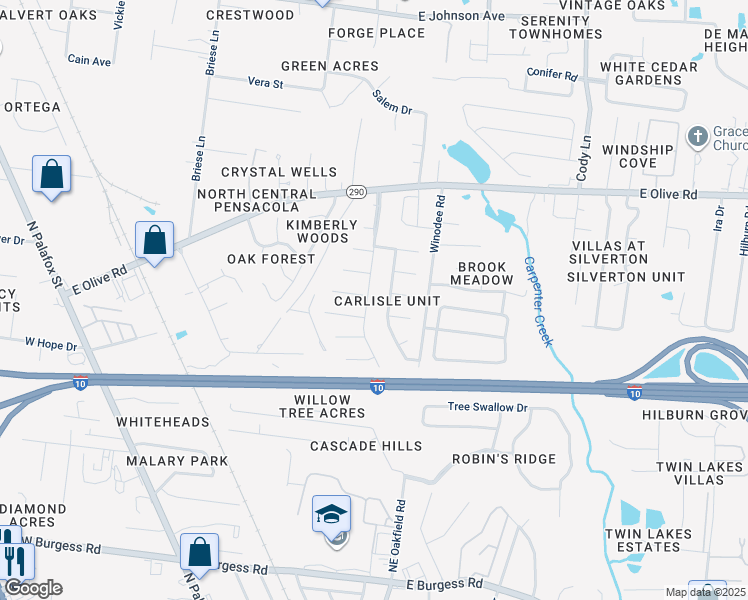 map of restaurants, bars, coffee shops, grocery stores, and more near 7838 Coronet Drive in Pensacola