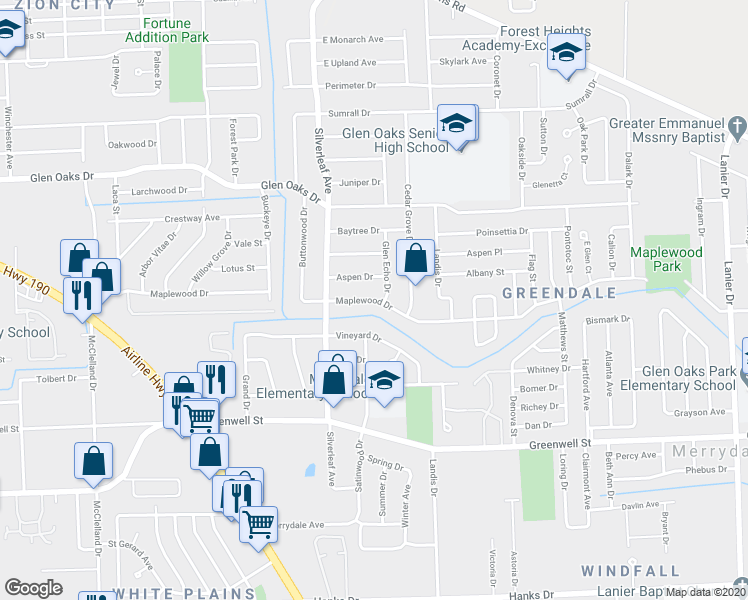 map of restaurants, bars, coffee shops, grocery stores, and more near 6838 Maplewood Avenue in Baton Rouge