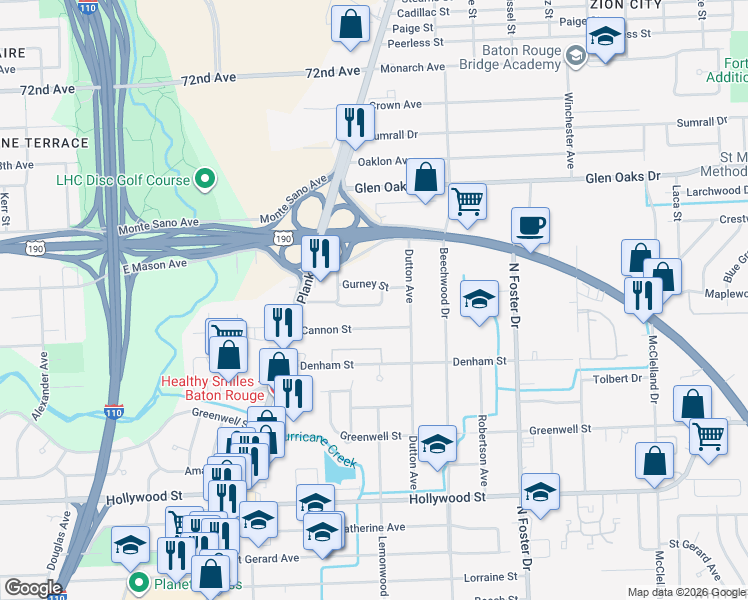 map of restaurants, bars, coffee shops, grocery stores, and more near 4349 Dawson Drive in Baton Rouge