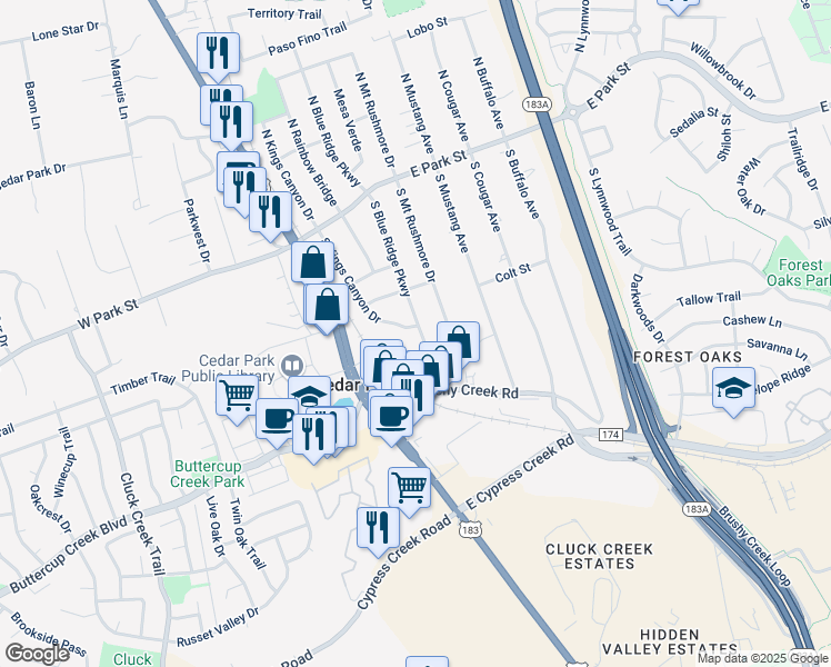 map of restaurants, bars, coffee shops, grocery stores, and more near 401 South Blue Ridge Parkway in Cedar Park