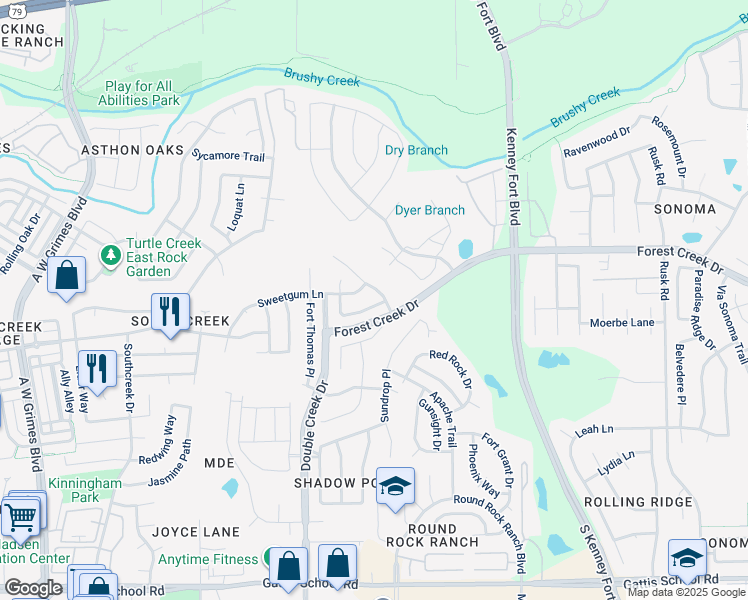 map of restaurants, bars, coffee shops, grocery stores, and more near 565 Woodsorel Way in Round Rock