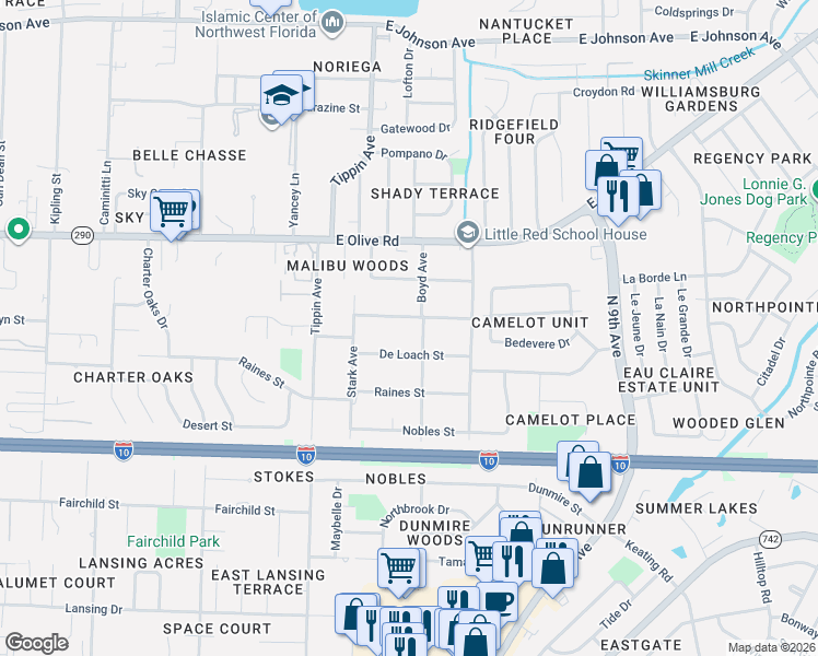 map of restaurants, bars, coffee shops, grocery stores, and more near 7895-7939 Boyd Avenue in Pensacola
