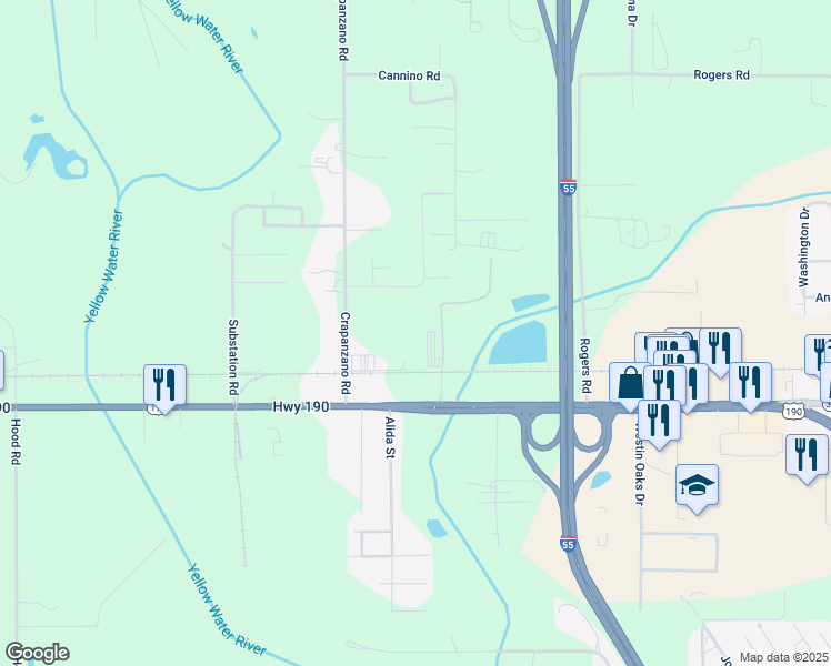 map of restaurants, bars, coffee shops, grocery stores, and more near 13073 Rocky's Lane in Hammond