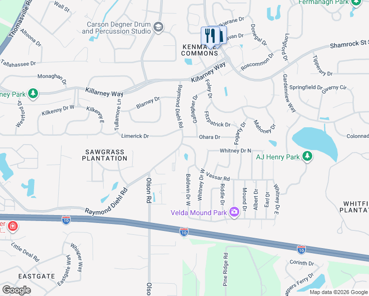 map of restaurants, bars, coffee shops, grocery stores, and more near 2601 Vassar Road in Tallahassee