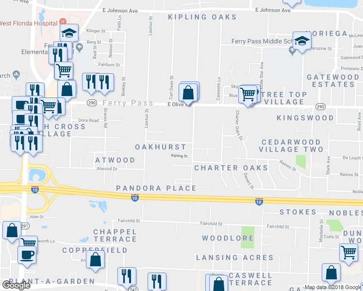 map of restaurants, bars, coffee shops, grocery stores, and more near 2655 Brooklyn Street in Pensacola