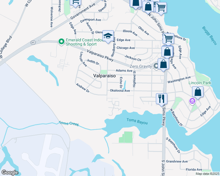 map of restaurants, bars, coffee shops, grocery stores, and more near 368 Okaloosa Avenue in Valparaiso