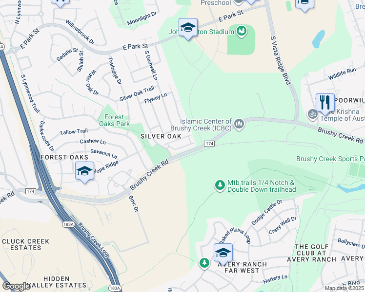 map of restaurants, bars, coffee shops, grocery stores, and more near 700 Mandarin Flyway in Cedar Park