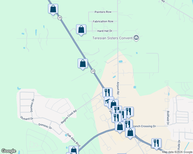 map of restaurants, bars, coffee shops, grocery stores, and more near 74201 Louisiana 25 in Covington
