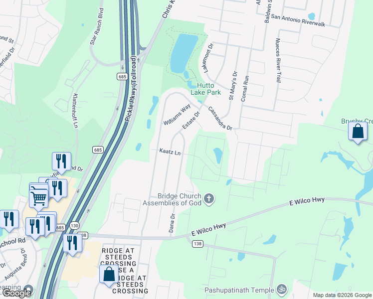 map of restaurants, bars, coffee shops, grocery stores, and more near 302 Dana Drive in Hutto