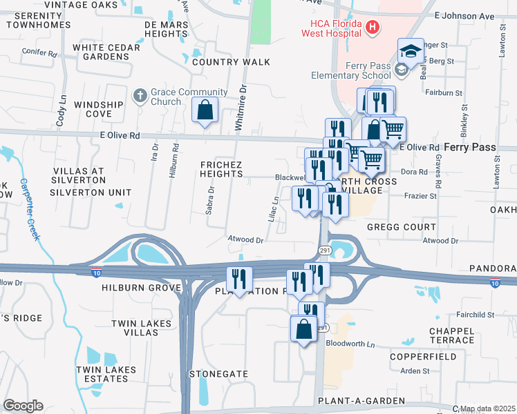 map of restaurants, bars, coffee shops, grocery stores, and more near 7815 Lilac Lane in Pensacola