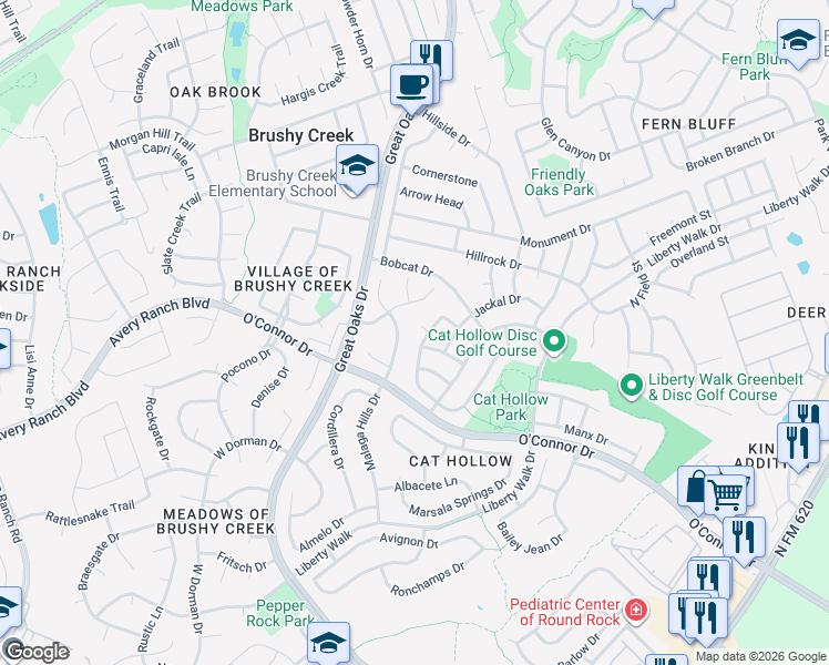 map of restaurants, bars, coffee shops, grocery stores, and more near 8603 Tomcat Cove in Round Rock