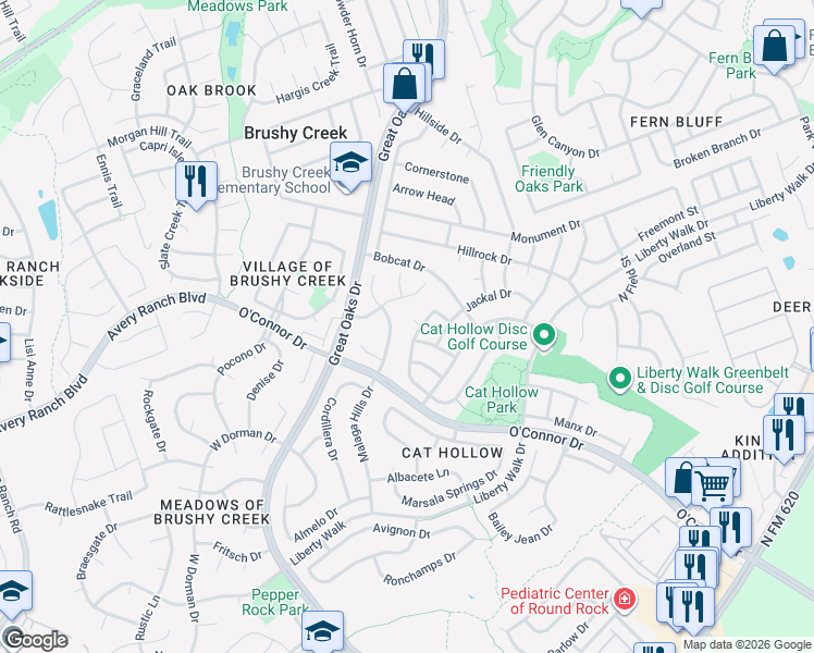 map of restaurants, bars, coffee shops, grocery stores, and more near 8603 Tomcat Cove in Round Rock