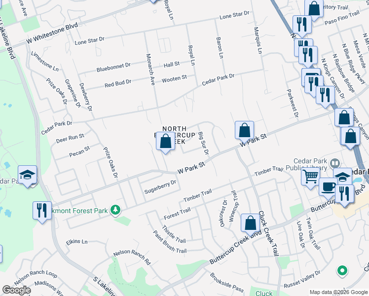 map of restaurants, bars, coffee shops, grocery stores, and more near 206 Covala Drive in Cedar Park
