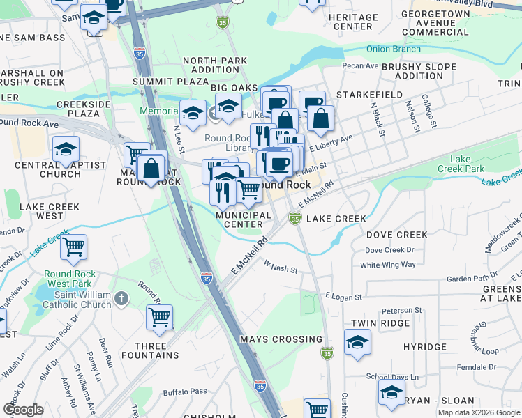 map of restaurants, bars, coffee shops, grocery stores, and more near 269 West Bagdad Avenue in Round Rock