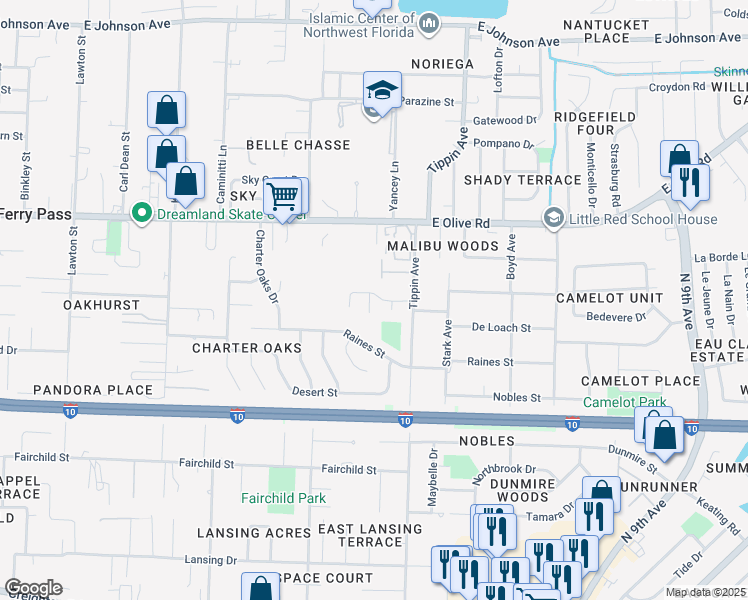 map of restaurants, bars, coffee shops, grocery stores, and more near 3140 Cedarwood Village Lane in Pensacola