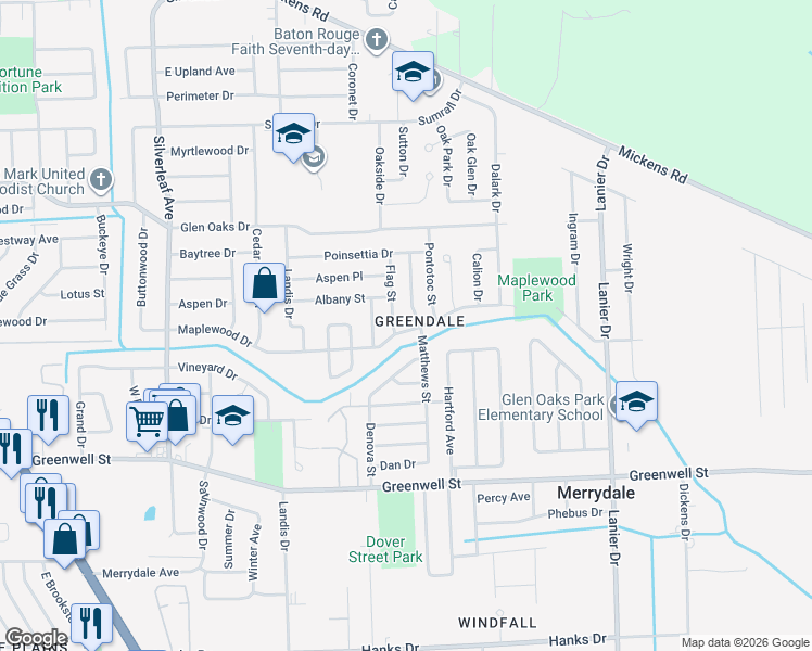 map of restaurants, bars, coffee shops, grocery stores, and more near 7475 Maplewood Drive in Baton Rouge