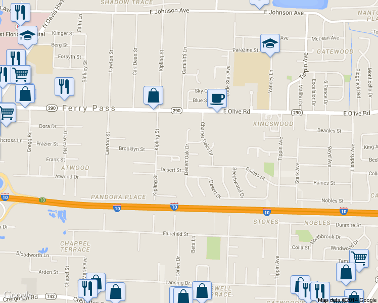 map of restaurants, bars, coffee shops, grocery stores, and more near 300 Pin Oak Court in Pensacola