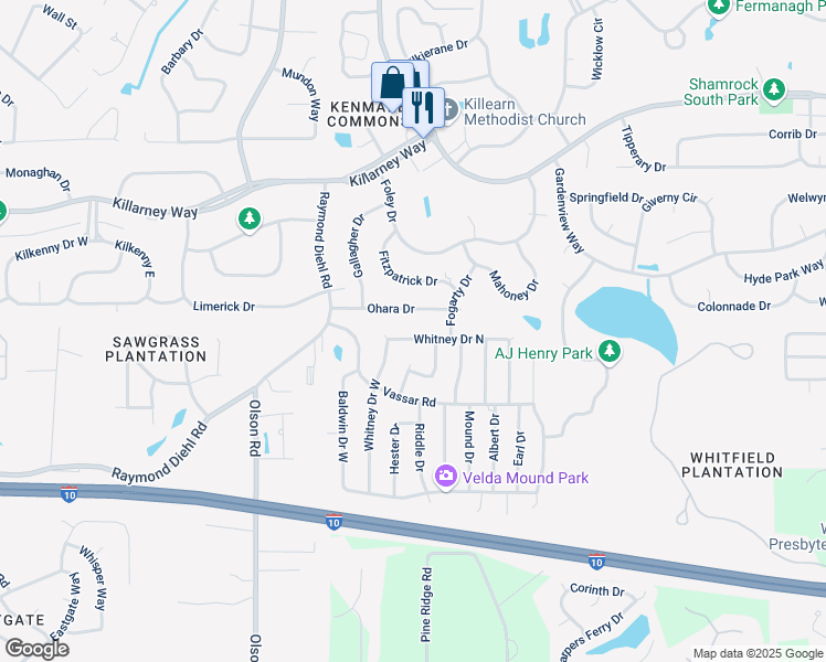 map of restaurants, bars, coffee shops, grocery stores, and more near 2716 Whitney Drive North in Tallahassee