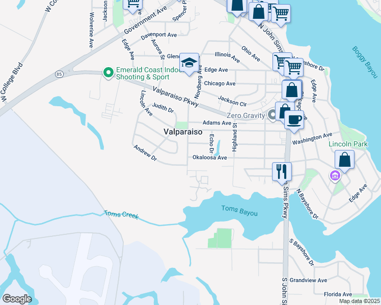 map of restaurants, bars, coffee shops, grocery stores, and more near 368 Okaloosa Avenue in Valparaiso