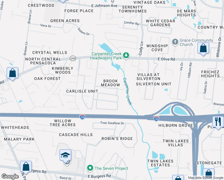 map of restaurants, bars, coffee shops, grocery stores, and more near 757 Brook Meadow Lane in Pensacola