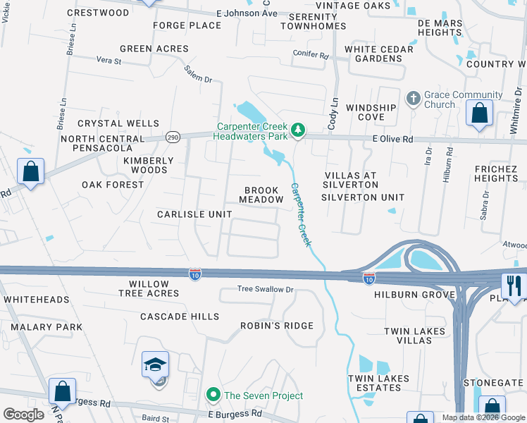 map of restaurants, bars, coffee shops, grocery stores, and more near 757 Brook Meadow Lane in Pensacola