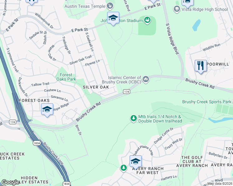 map of restaurants, bars, coffee shops, grocery stores, and more near 700 Mandarin Flyway in Cedar Park