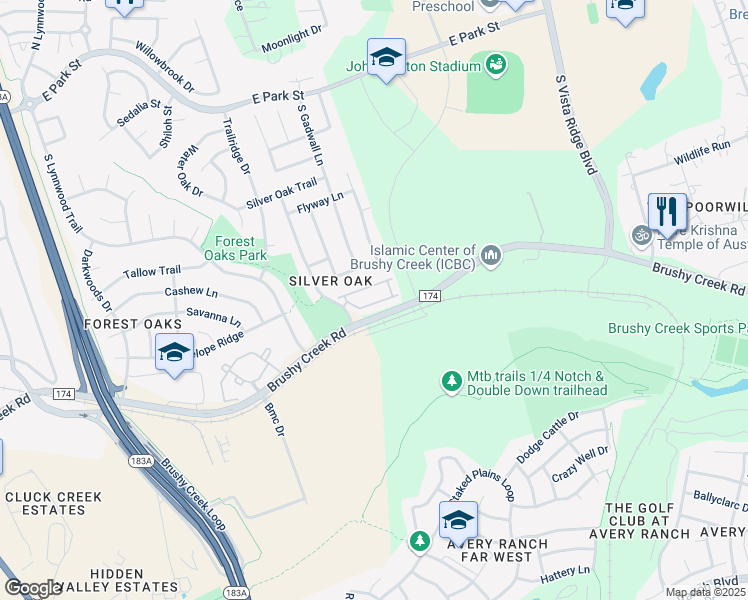 map of restaurants, bars, coffee shops, grocery stores, and more near 700 Mandarin Flyway in Cedar Park