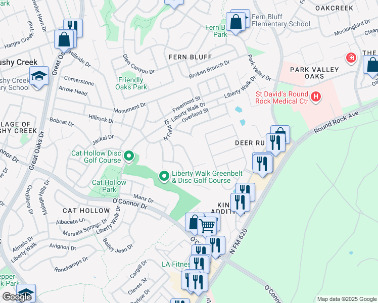 map of restaurants, bars, coffee shops, grocery stores, and more near 8121 Campeche Bay Place in Round Rock