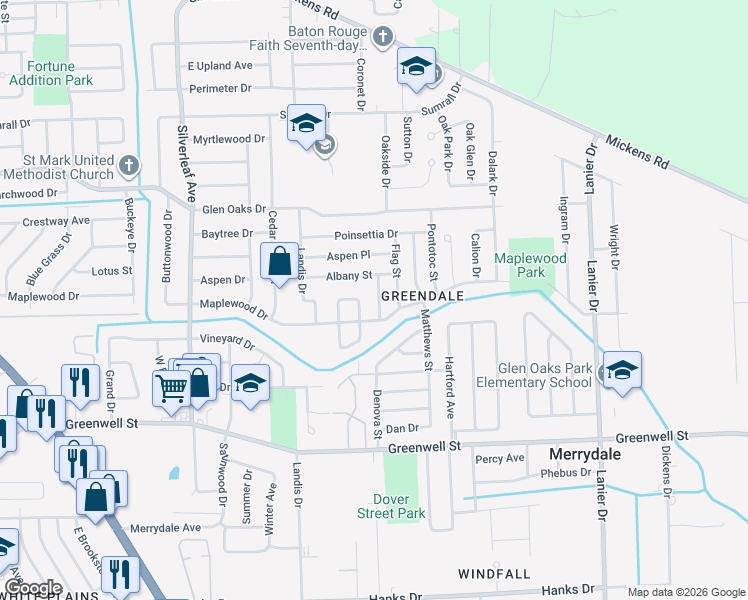map of restaurants, bars, coffee shops, grocery stores, and more near 6085 Shiloh Street in Baton Rouge