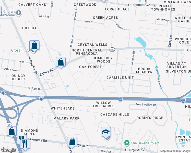 map of restaurants, bars, coffee shops, grocery stores, and more near 7724 Deborah Drive in Pensacola