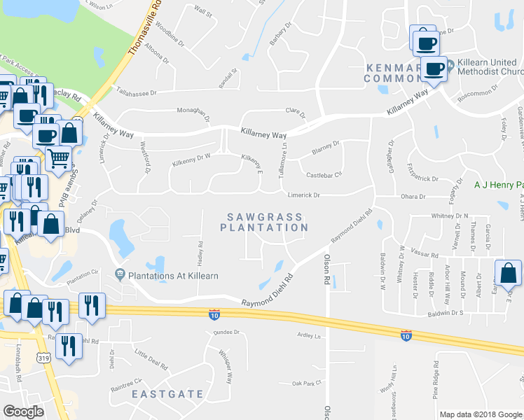 map of restaurants, bars, coffee shops, grocery stores, and more near 2939 Royal Palm Way in Tallahassee