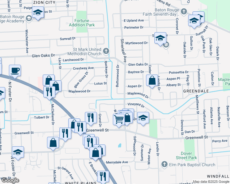 map of restaurants, bars, coffee shops, grocery stores, and more near 6127 Buttonwood Drive in Baton Rouge