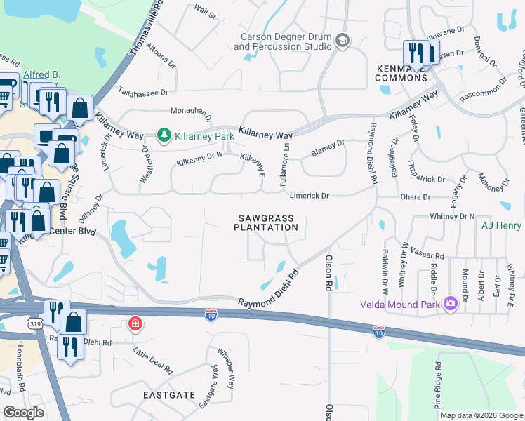 map of restaurants, bars, coffee shops, grocery stores, and more near 2943 Royal Palm Way in Tallahassee