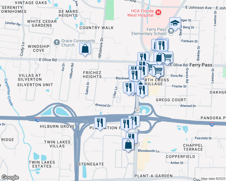 map of restaurants, bars, coffee shops, grocery stores, and more near 7800 Lilac Lane in Pensacola