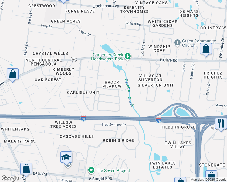 map of restaurants, bars, coffee shops, grocery stores, and more near 757 Brook Meadow Lane in Pensacola