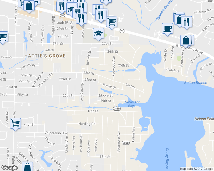 map of restaurants, bars, coffee shops, grocery stores, and more near 4081 Rocky Drive in Niceville