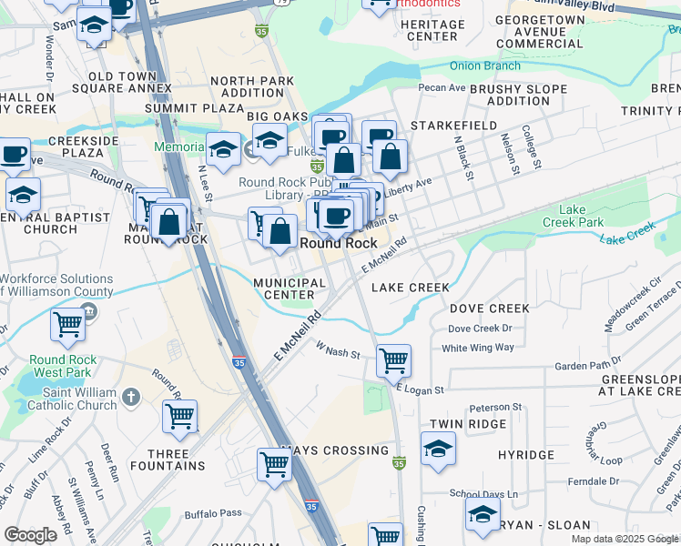 map of restaurants, bars, coffee shops, grocery stores, and more near 103 West Bagdad Avenue in Round Rock