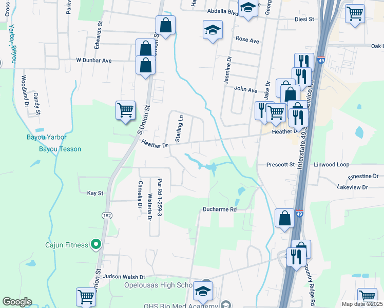 map of restaurants, bars, coffee shops, grocery stores, and more near 700 Harvest Ln in Opelousas