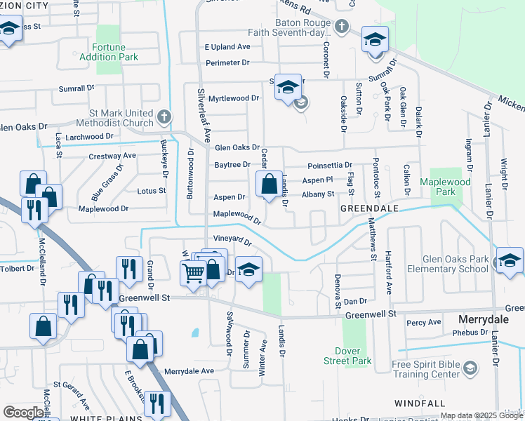 map of restaurants, bars, coffee shops, grocery stores, and more near 6115 Cedar Grove Drive in Baton Rouge