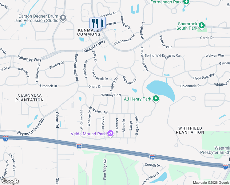 map of restaurants, bars, coffee shops, grocery stores, and more near 2744 Whitney Drive North in Tallahassee