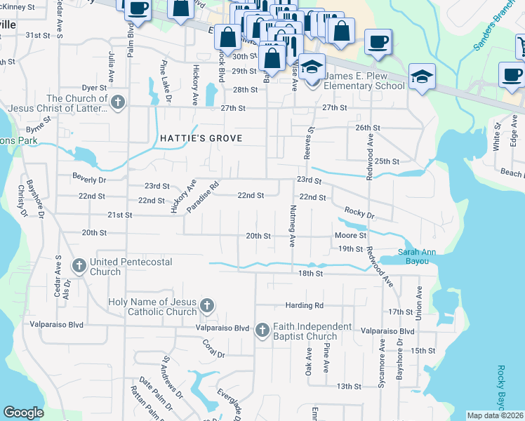 map of restaurants, bars, coffee shops, grocery stores, and more near 509 Linden Avenue in Niceville