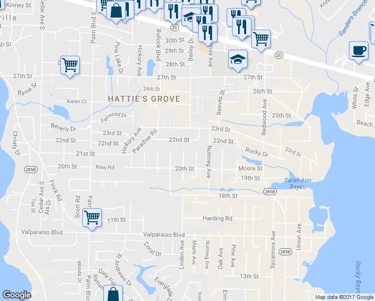 map of restaurants, bars, coffee shops, grocery stores, and more near 509 Linden Avenue in Niceville