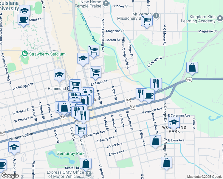 map of restaurants, bars, coffee shops, grocery stores, and more near 510 East Robert Street in Hammond