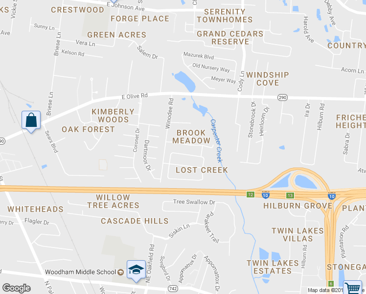 map of restaurants, bars, coffee shops, grocery stores, and more near 729 Brook Meadow Lane in Pensacola
