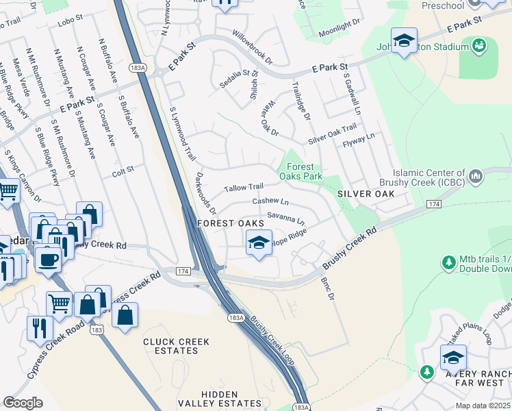 map of restaurants, bars, coffee shops, grocery stores, and more near 924 Cashew Lane in Cedar Park
