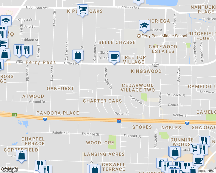 map of restaurants, bars, coffee shops, grocery stores, and more near 7803 Charter Oaks Drive in Pensacola