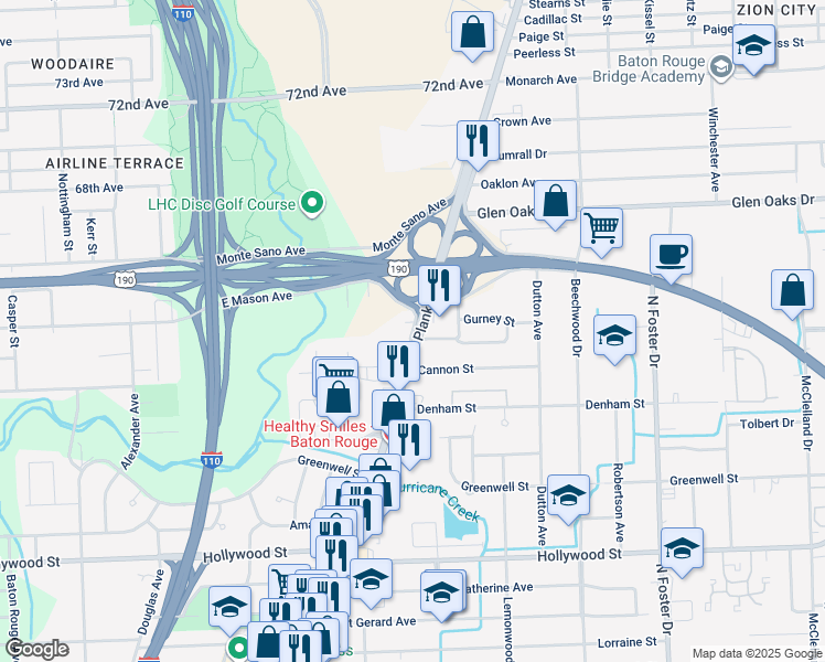 map of restaurants, bars, coffee shops, grocery stores, and more near East Mason Street in Baton Rouge