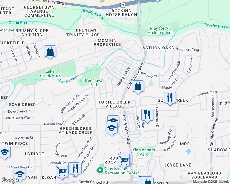 map of restaurants, bars, coffee shops, grocery stores, and more near 1509 Rices Crossing Lane in Round Rock