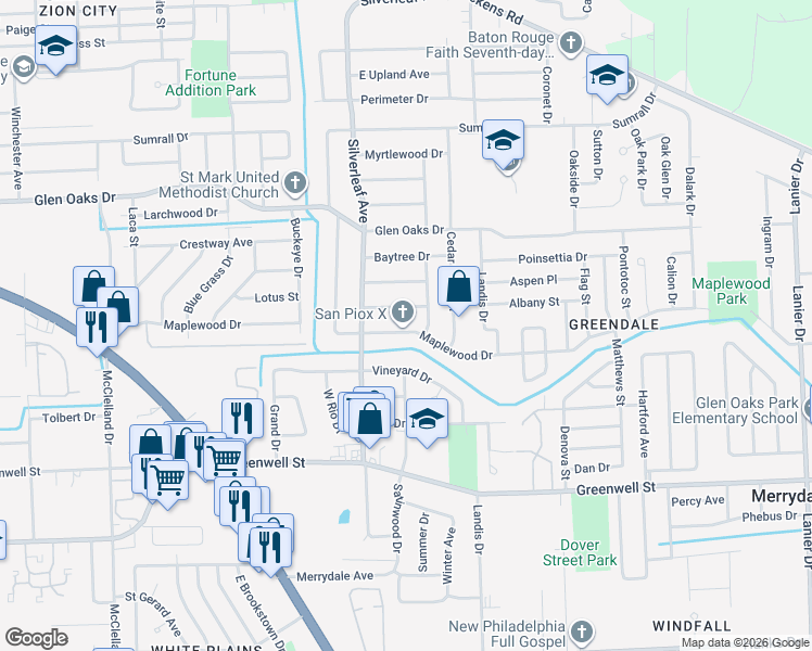 map of restaurants, bars, coffee shops, grocery stores, and more near 6819 Maplewood Drive in Baton Rouge